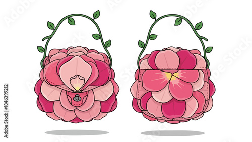 Whimsical Floral Handbag Design: An Exquisite Fusion of Fashion and Botanical Artistry in Pink Hues, Showcasing Exuberant Creativity and Unique Style