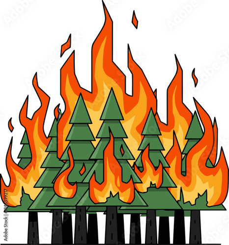 dramatic illustration depicts a forest ablaze with flames towering pine trees consumed by the intense fire Bold orange and yellow flames contrast with the green trees