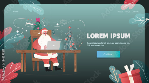 Santa Claus Christmas online celebration festive scene Santa at desk with laptop Christmas tree gift boxes modern website interface background