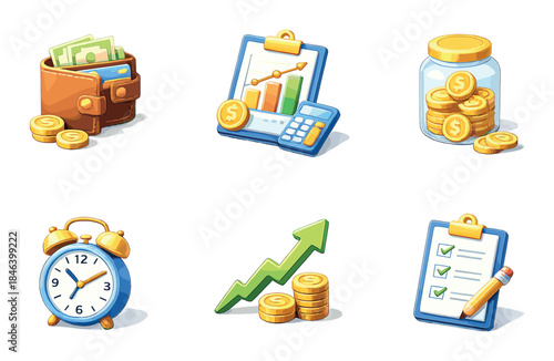 Financial tools and growth icons set with wallet and charts