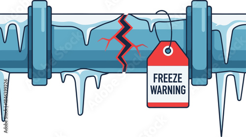 dramatic illustration depicts a burst pipe with a 'Freeze Warning' tag showcasing a fractured pipe encased in ice The image conveys a sense of urgency and potential damage