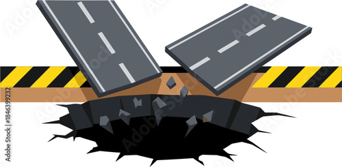A dramatic illustration depicts a road collapsing into a dark void. Bold black and yellow safety markings highlight the dangerous scene. Ideal for conveying risk, disaster, or warning.