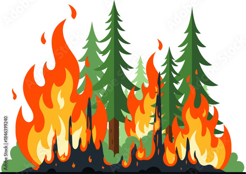 A dramatic illustration depicts a forest fire consuming pine trees. Intense flames and smoke fill the scene, showcasing a powerful natural event. Suitable for various commercial uses.