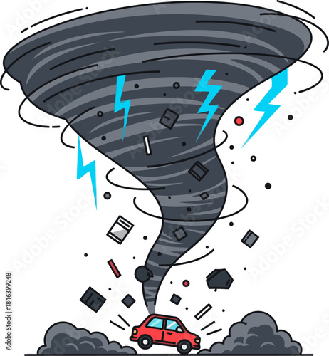 A dramatic illustration depicts a powerful tornado engulfing a car and debris. Lightning flashes add intensity to this dynamic, visually striking scene. Perfect for conveying chaos or disruption.