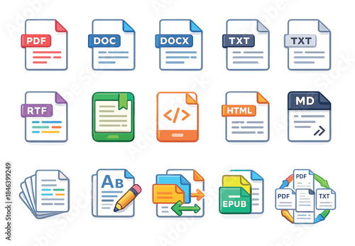Colorful document icons representing various file formats and coding