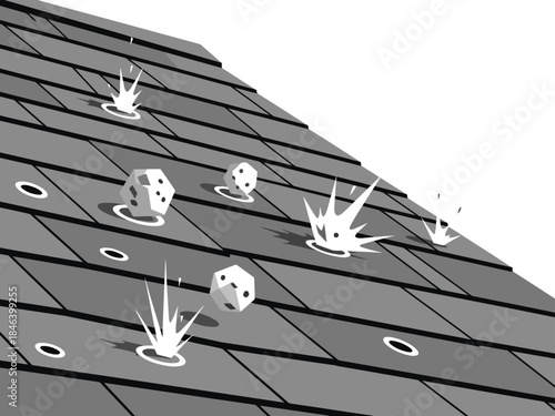 Dramatic illustration depicts a hail storm impacting a gray roof.  Large hailstones strike the shingles, showcasing damage.  Strong visual impact, suitable for insurance or weather-related content.