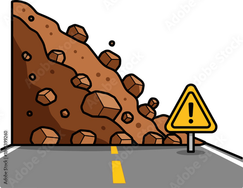 A dramatic landslide blocks a road, highlighted by a warning sign. The image showcases a steep, rocky slope with scattered boulders, creating a sense of danger and instability.  Strong visual impact.