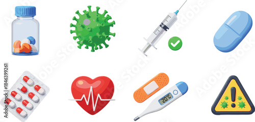 3D Vector Healthcare Icon Set: Pills in Bottle, Syringe, Virus, Thermometer, Band-Aid, and Warning Sign, Perfect for Medical, Pharmaceutical, and Disease Awareness Graphics