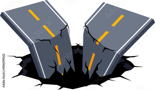 Dramatic split road illustration with a cracked earth base. Bold, graphic design, perfect for website backgrounds and marketing materials. High contrast and impactful visual.
