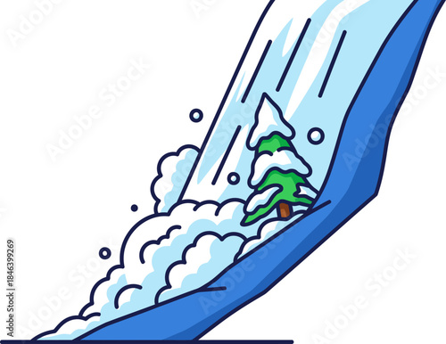 dramatic waterfall plunges over a cliff partially covered in snow and a small evergreen tree The scene evokes a winter landscape with a sense of power and beauty