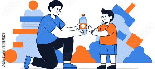 A father helps his son receive a bottle of water, symbolizing community support and kindness. A vibrant, modern illustration with a strong, positive message.