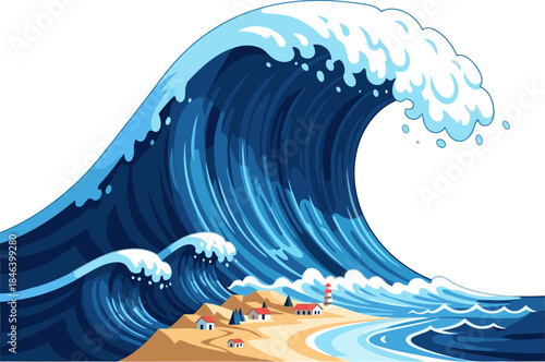 A dramatic wave crashes against a coastal village, showcasing a powerful ocean scene. Vibrant blues and whites create a stunning visual impact, ideal for commercial use.