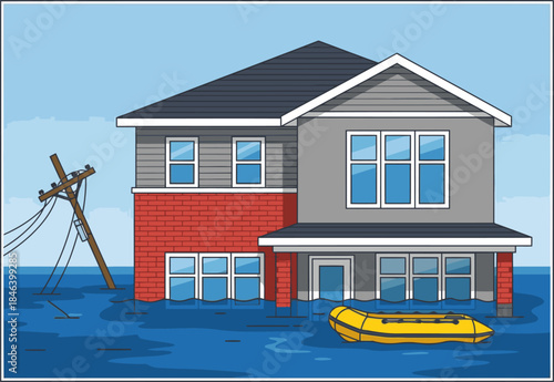 A flooded house with a yellow raft and assurance sign. Dramatic water scene, showcasing a home threatened by rising floodwaters. Evokes a sense of urgency and potential disaster.