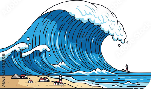 A dramatic wave crashes against a coastal landscape with a lighthouse and houses. Bold blue and white illustration style, perfect for backgrounds and design projects.