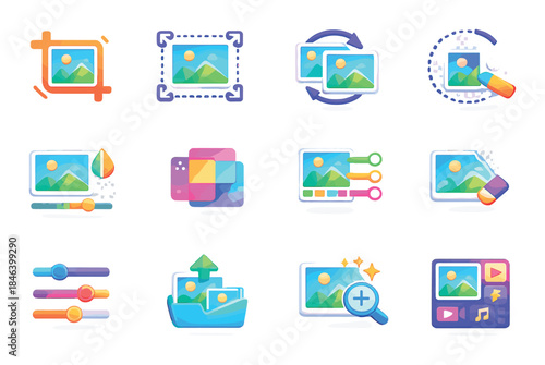 Colorful icon set for photo editing and media management tools