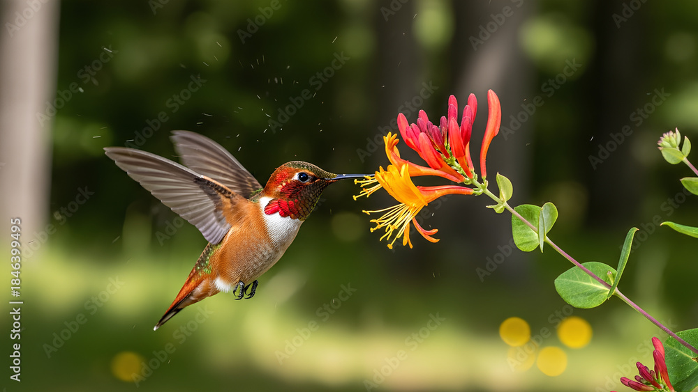 Naklejka premium A Beautiful Hummingbird Hovers to Drink Nectar from a Vibrant Honeysuckle Flower