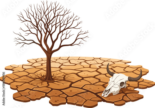A stark desert landscape features a withered tree and a skull, symbolizing desolation and decay. The cracked earth and barren setting create a dramatic and unsettling visual.