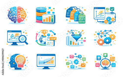 Innovative technology icons: brain, data analysis, ai, science, digital