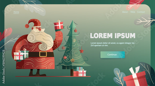Santa Christmas celebration festive gifts decorated tree holiday scene modern website interface template green background presents foliage