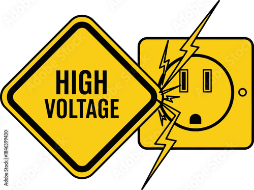 striking warning sign merges with a shattered electrical outlet symbolizing high voltage Bold yellow and black design creates a dynamic and impactful visual Suitable for tech energy or hazard themes