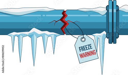 A stylized illustration depicts a burst pipe in freezing temperatures, with a 'Freeze Warning' tag. The image conveys a sense of urgency and potential damage. Clean, modern design.