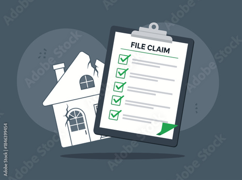 stylized illustration depicts a damaged house with a file claim clipboard The design is modern and visually appealing suitable for commercial use  Clean lines and a muted color palette