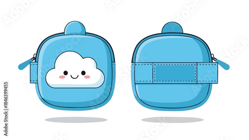 Cheerful sky blue pouch with cloud smiling face perfect for children accessories vector isolated showing front and back views against a pristine