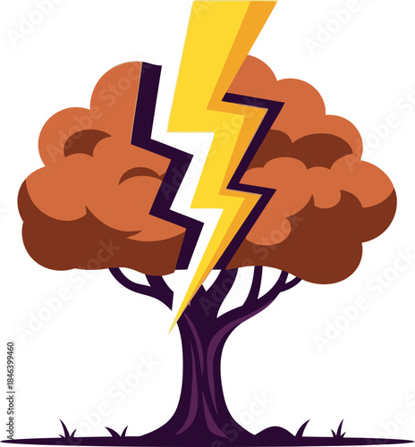 stylized tree is struck by lightning symbolizing disruption and change Bold graphic design vibrant colors and a dramatic composition make this image