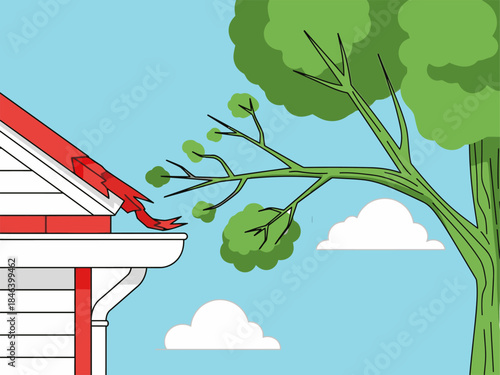 A stylized illustration depicts a storm impacting a tree and roof. Red highlights danger and damage. Clean, graphic style for commercial use.