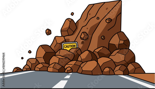 A towering rockslide blocks a road, with a caution sign. Dramatic, textured rock formation creates a sense of danger and adventure. Suitable for travel, warning, or hazard themes.