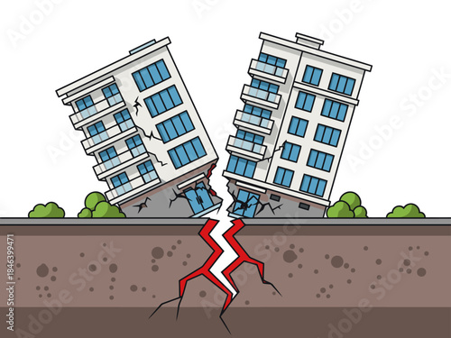 Two buildings dramatically collapse due to a large fissure. A striking visual representing disaster and structural failure. Suitable for impact and warning themes.