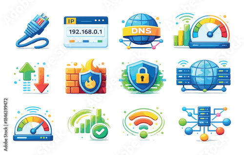 Colorful network and security icons including dns firewall wi-fi and speed meter