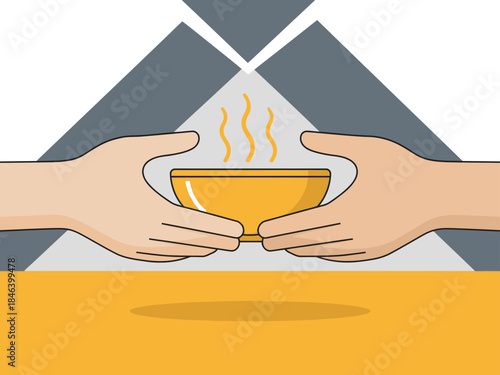 Two hands gently hold a warm cup, symbolizing generosity and sharing. A bright, inviting design with a focus on community and support. Suitable for charity campaigns and social impact visuals.