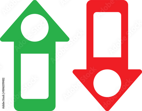 Modern green and red arrow icons featuring integrated circle and rectangle shapes