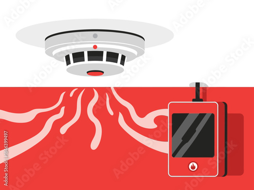 vibrant illustration depicts a fire alarm and smoke detector highlighting safety and security Clean modern design with a red and white color scheme