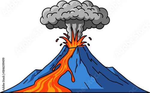 A vibrant cartoon volcano erupts with lava and smoke. Bold colors and a dynamic composition make this image ideal for educational or illustrative purposes.