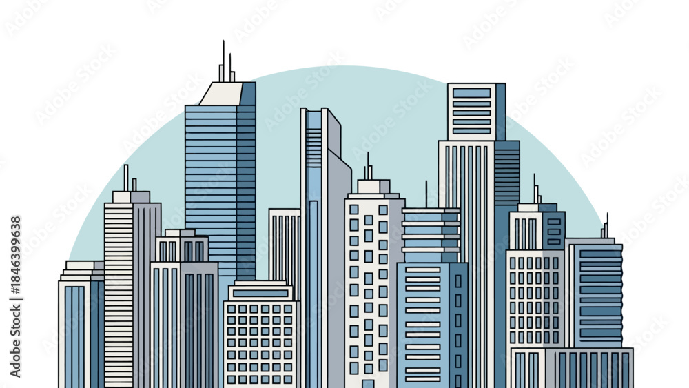 Fototapeta premium Modern City Skyline with Tall Buildings and Circular Background, Architectural Design