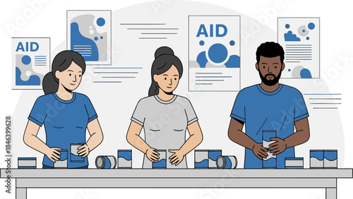 Volunteers sort canned goods at a food drive event. Two diverse individuals assist, displaying a welcoming and helpful atmosphere. Clean, modern design.