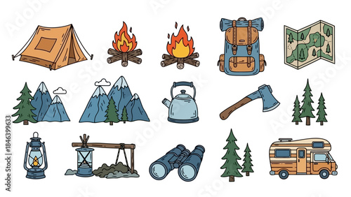 Camping and Outdoor Adventure Gear Collection: Tent, Fire, Backpack, Map, Axe