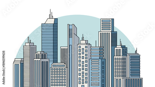 Modern City Skyline with Tall Buildings and Circular Background, Architectural Design