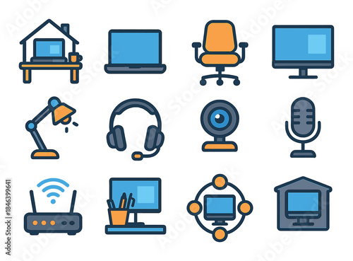 Colorful icons of home office essentials including laptop, desk, and gadgets