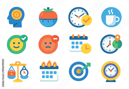 Set of 12 colorful icons representing time, emotions, and daily activities in glossy style