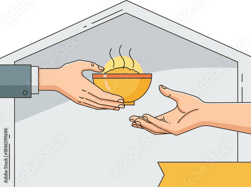 A warm exchange of a bowl of soup symbolizes generosity and community. A professional hand offers a comforting meal to a person?s hand. Bright, inviting scene.