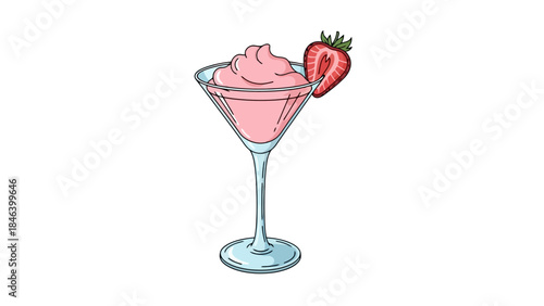Pink Strawberry Cocktail in Martini Glass with Fresh Strawberry Garnish