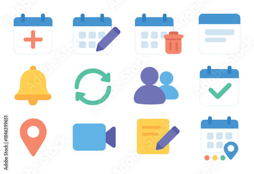 Colorful digital icons: calendar, bell, people, video, location, sync, edit, delete