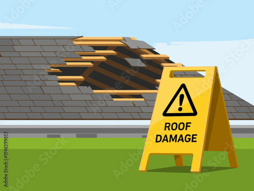 warning sign alerts to roof damage on a gray shingle roof A bright yellow caution sign with an exclamation mark reads -ROOF DAMAGE-  Clear impactful image for construction insurance or safety themes