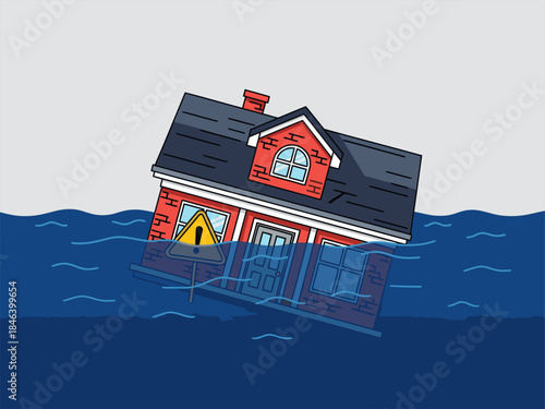 A whimsical illustration depicts a red house partially submerged in water, with a hazard sign. The composition is striking and visually engaging, suitable for various commercial applications.