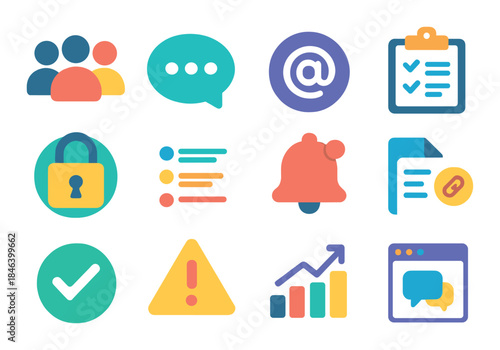 Vibrant tech icons with lock, bell, and graph elements on gradient background