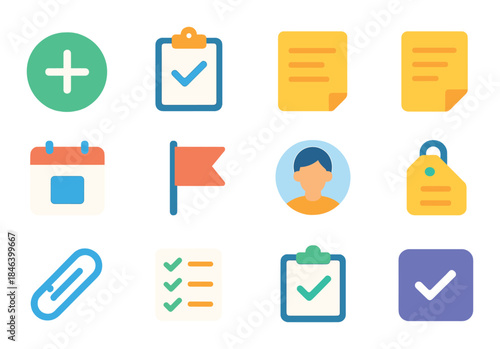 Colorful set of digital app icons with person avatar and various office symbols