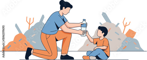 A woman helps a child receive water amidst rubble, symbolizing community resilience.  A heartwarming illustration of support and hope.  Clean, modern style.